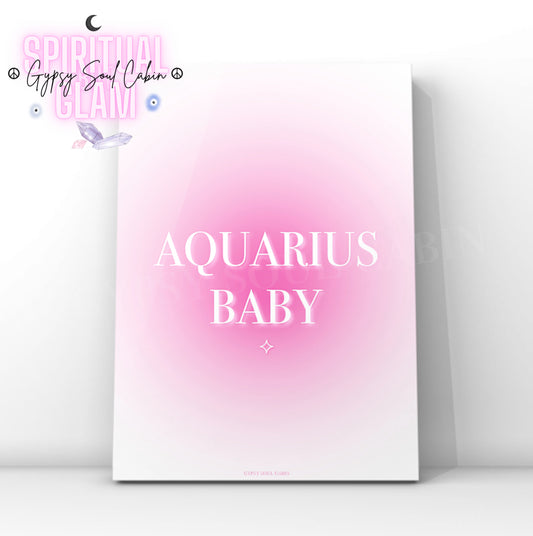 Gypsy Soul Cabin Aquarius Baby pink gradient aura art print with aesthetic spiritual typography and a vibrant pink energy design.