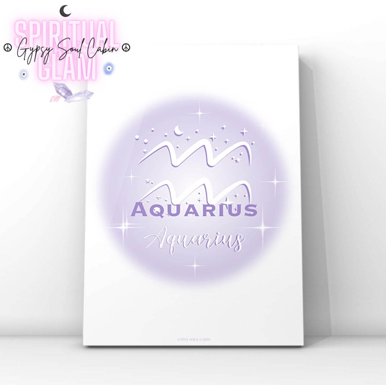 Minimalist aesthetic lavender aura print featuring the Aquarius zodiac water-bearer glyph centred with celestial stars and Y2K sparkles.