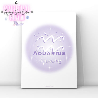 Minimalist aesthetic lavender aura print featuring the Aquarius zodiac water-bearer glyph centred with celestial stars and Y2K sparkles.