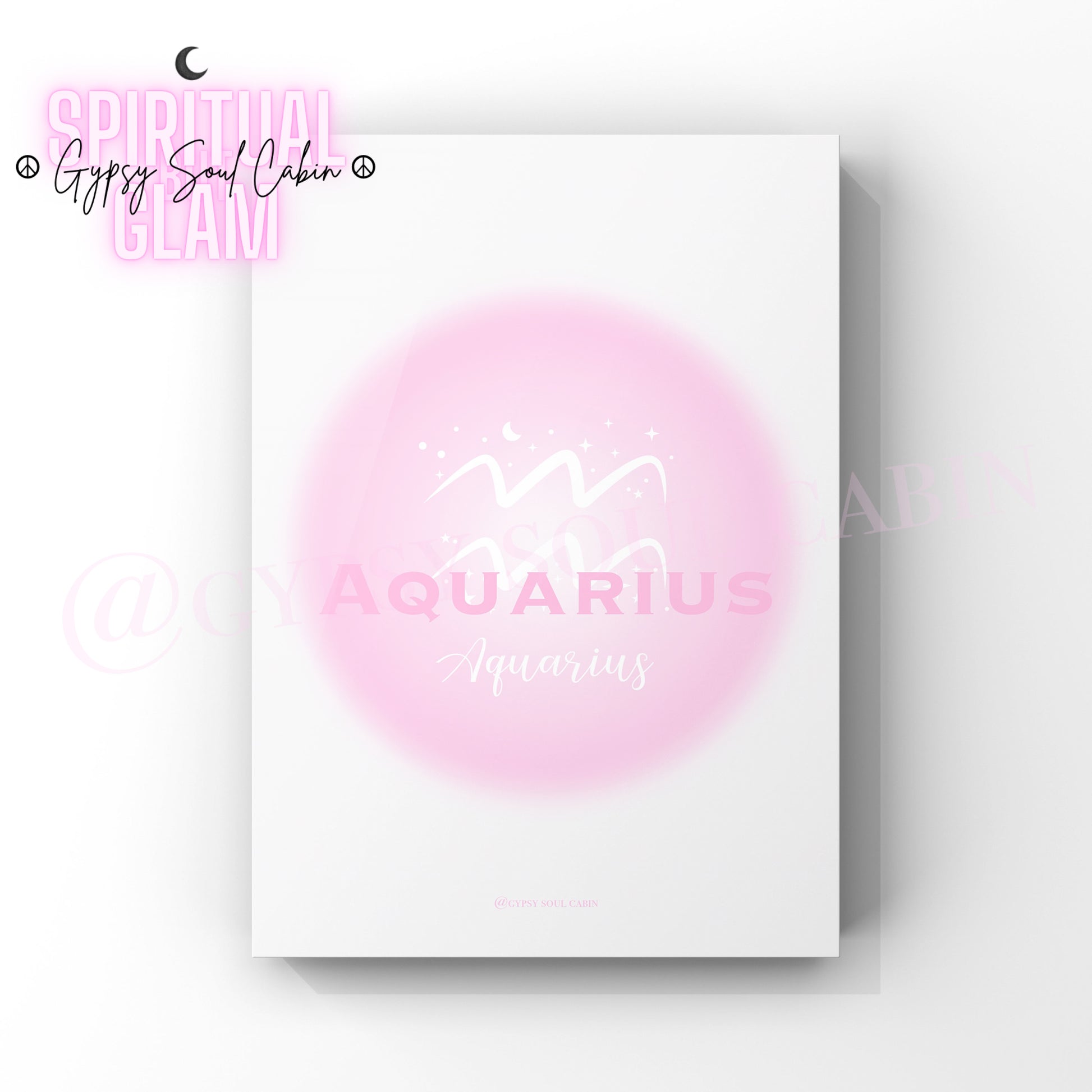 Minimalist A4 astrology wall art print featuring a blurry pink aura circle gradient with the word Aquarius and its water bearer waves symbol in white text.