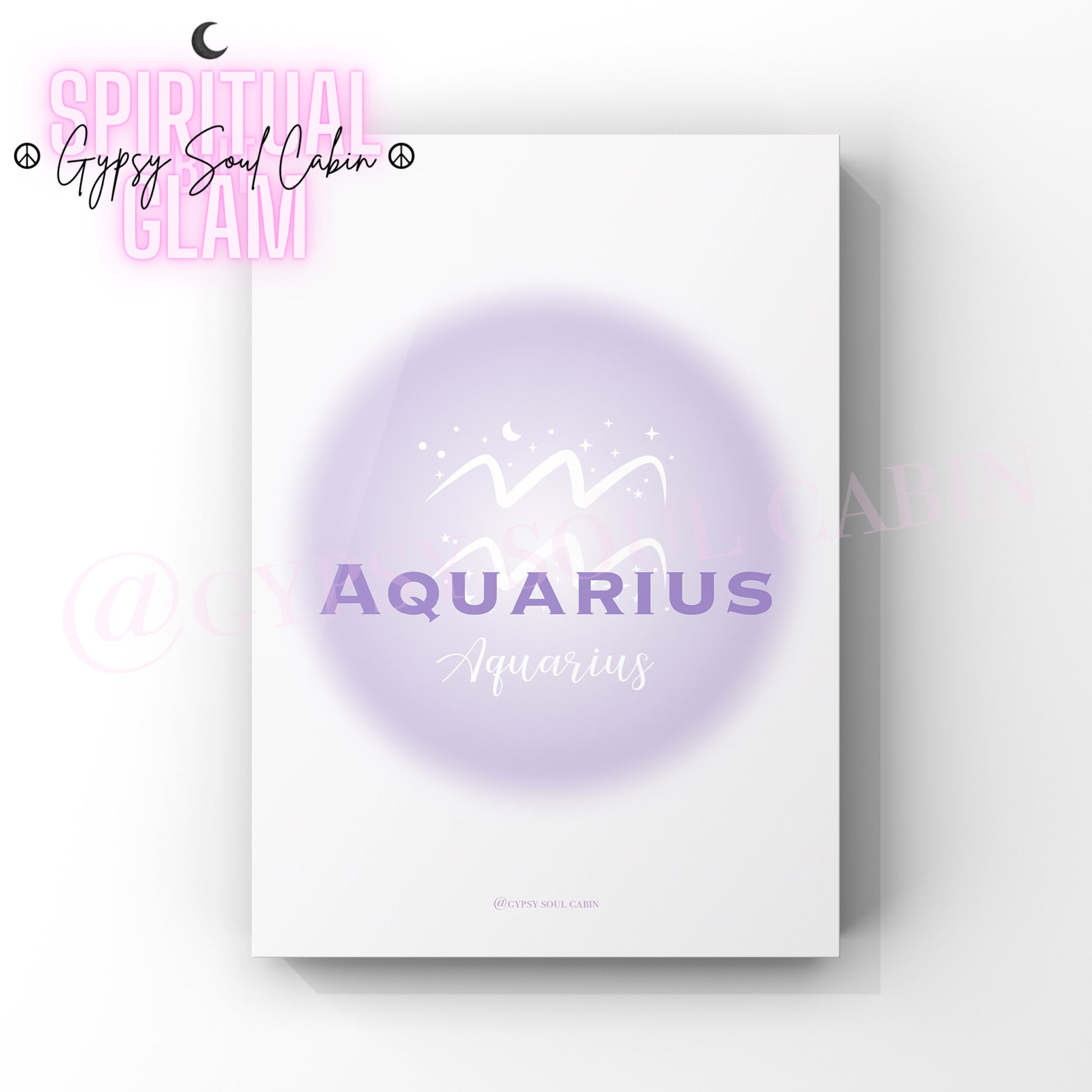 Minimalist A4 astrology wall art print featuring a blurry purple aura circle gradient with the word Aquarius and its water bearer waves symbol in white text.