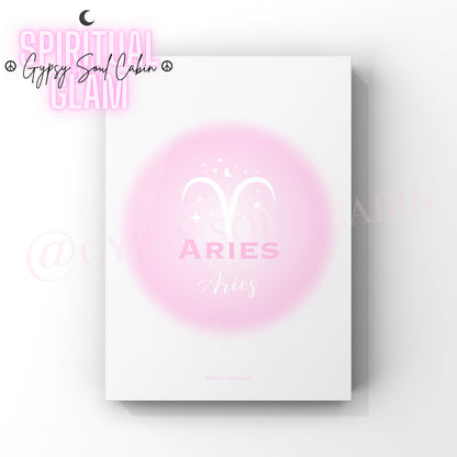 Minimalist A4 astrology wall art print featuring a blurry pink aura circle gradient with the word Aries and its astrological ram symbol in clean white text.