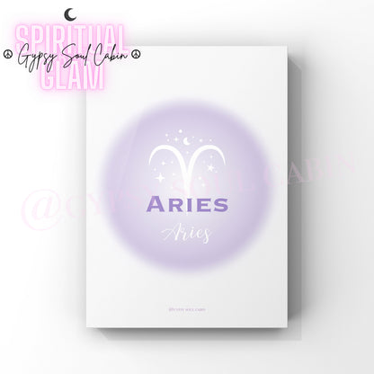 Minimalist A4 astrology wall art print featuring a blurry purple aura circle gradient with the word Aries and its astrological ram symbol in clean white text.