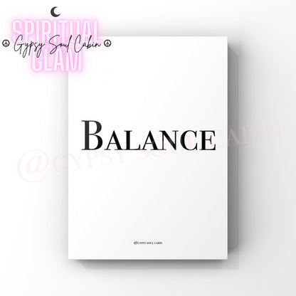 Minimalist A4 black and white typography wall art print featuring the single word BALANCE centered on a clean white background.