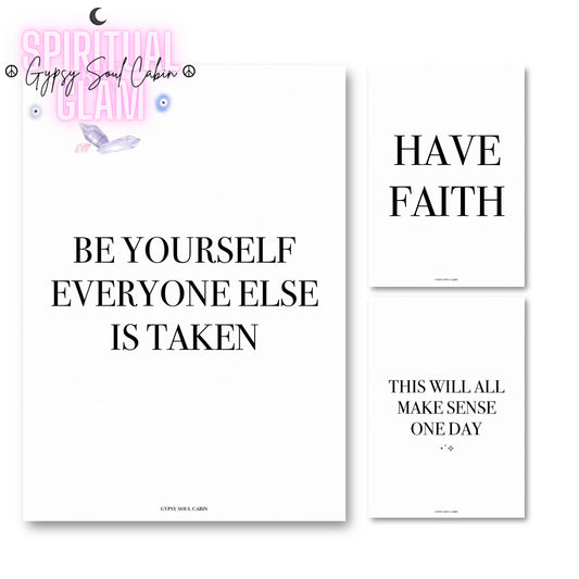 Set of three minimalist black and white typography prints featuring authentic self-love quotes and positive mindset affirmations.