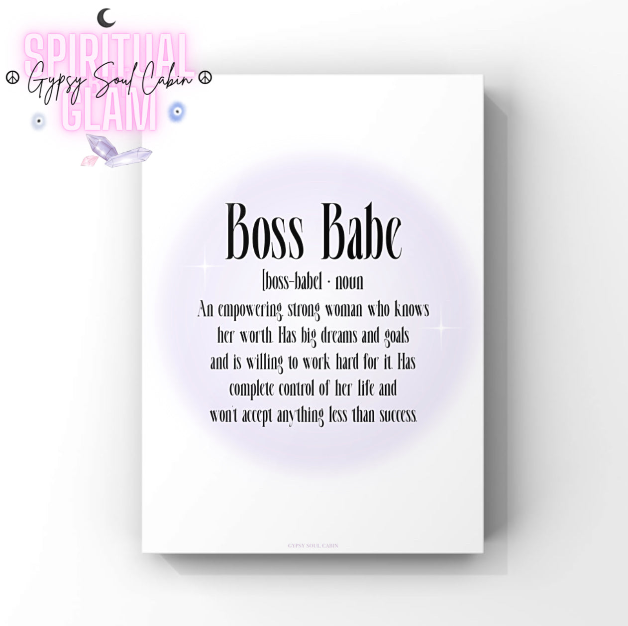Minimalist A4 office wall art print featuring a soft purple aura gradient background with a black stylised dictionary definition for the phrase Boss Babe.