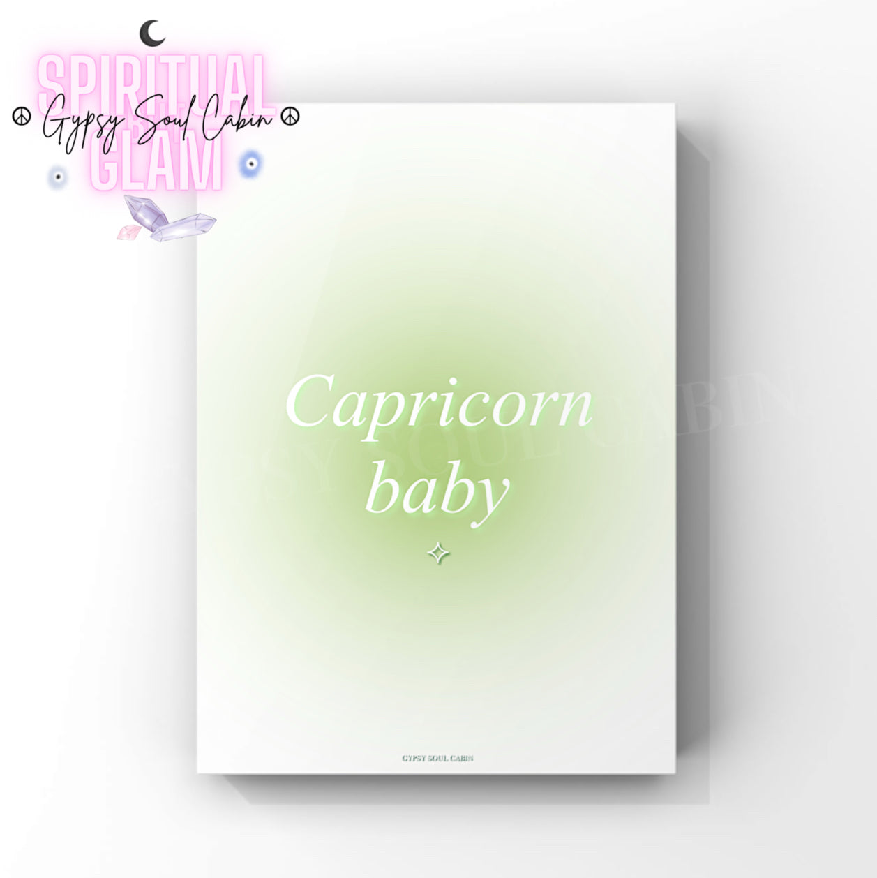 Gypsy Soul Cabin Capricorn baby green gradient aura art print with aesthetic spiritual typography and a vibrant green energy design.