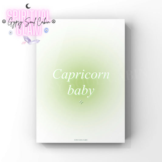 Gypsy Soul Cabin Capricorn baby green gradient aura art print with aesthetic spiritual typography and a vibrant green energy design.
