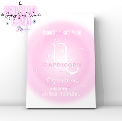 Minimalist A4 astrology wall art print featuring a soft pink aura background with a white Capricorn symbol and gothic typography reading Grounded in Earth Magic, Fueled by Ambition, and a Master of Her Own Destiny.