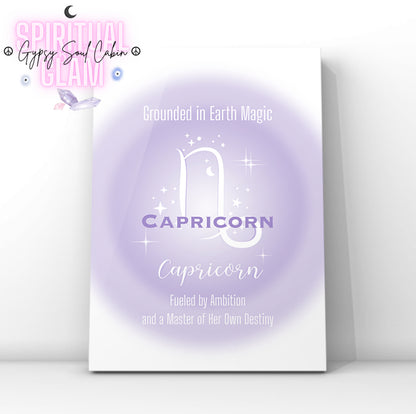 Minimalist A4 astrology wall art print featuring a soft purple aura background with a white Capricorn symbol and gothic typography reading Grounded in Earth Magic, Fueled by Ambition, and a Master of Her Own Destiny.