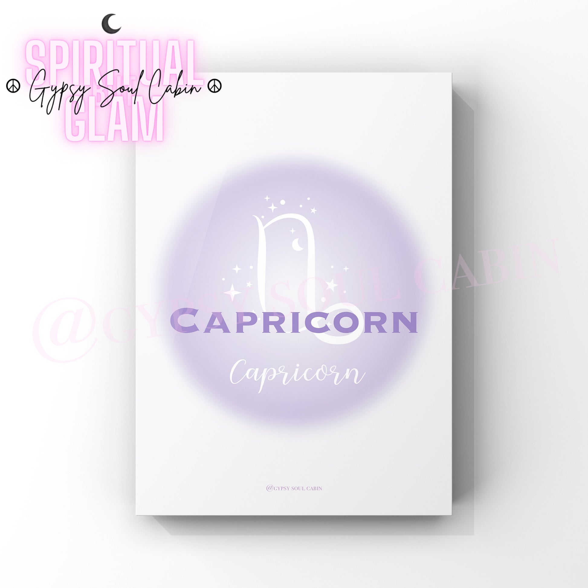Minimalist A4 astrology wall art print featuring a blurry purple aura circle gradient with the word Capricorn and its sea-goat horn symbol in clean white text.