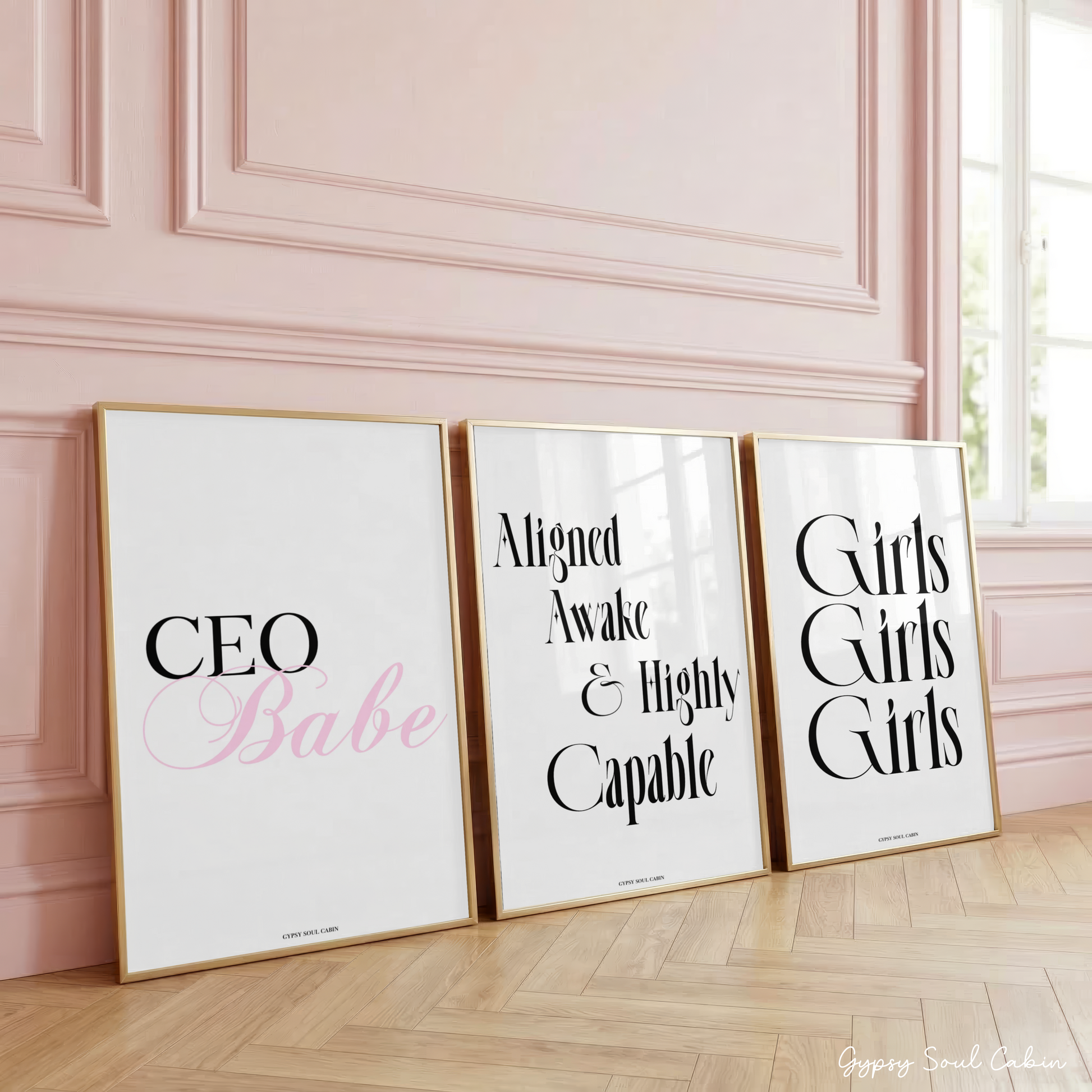 Three minimalist typography prints, including CEO Babe with pink script text, Aligned Awake and Highly Capable, and Girls Girls Girls.