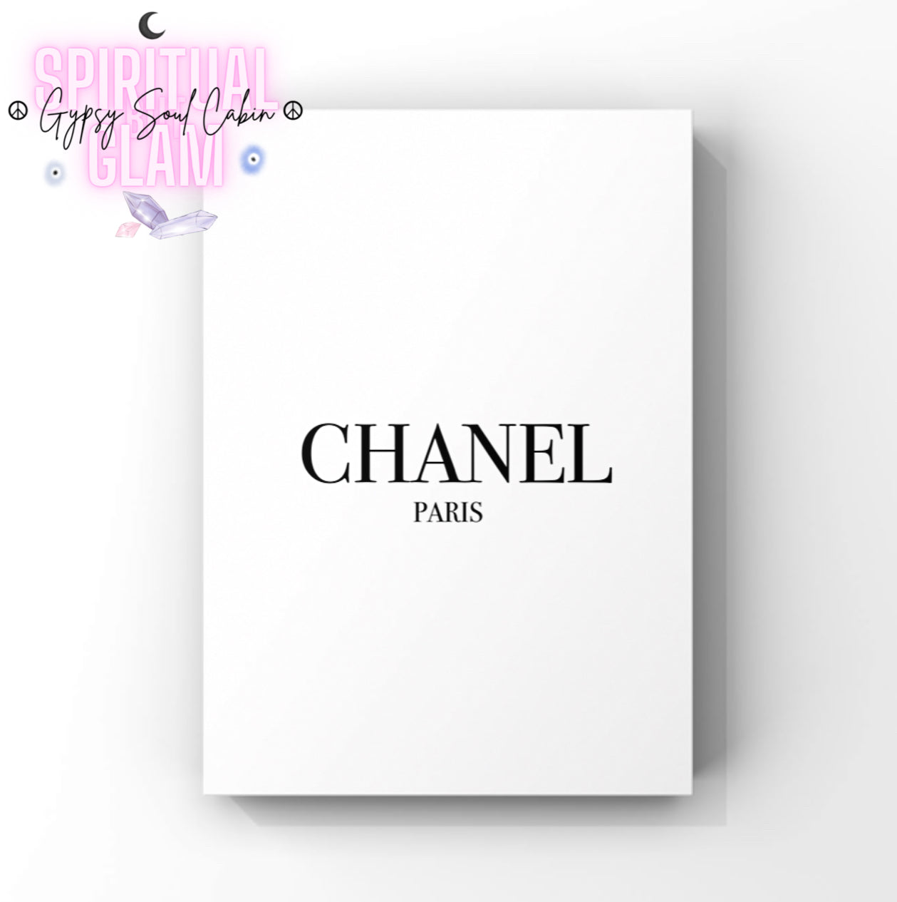 Minimalist black-and-white luxury fashion A4 print featuring the iconic, clean black Chanel Paris typography, centred on a crisp white background.