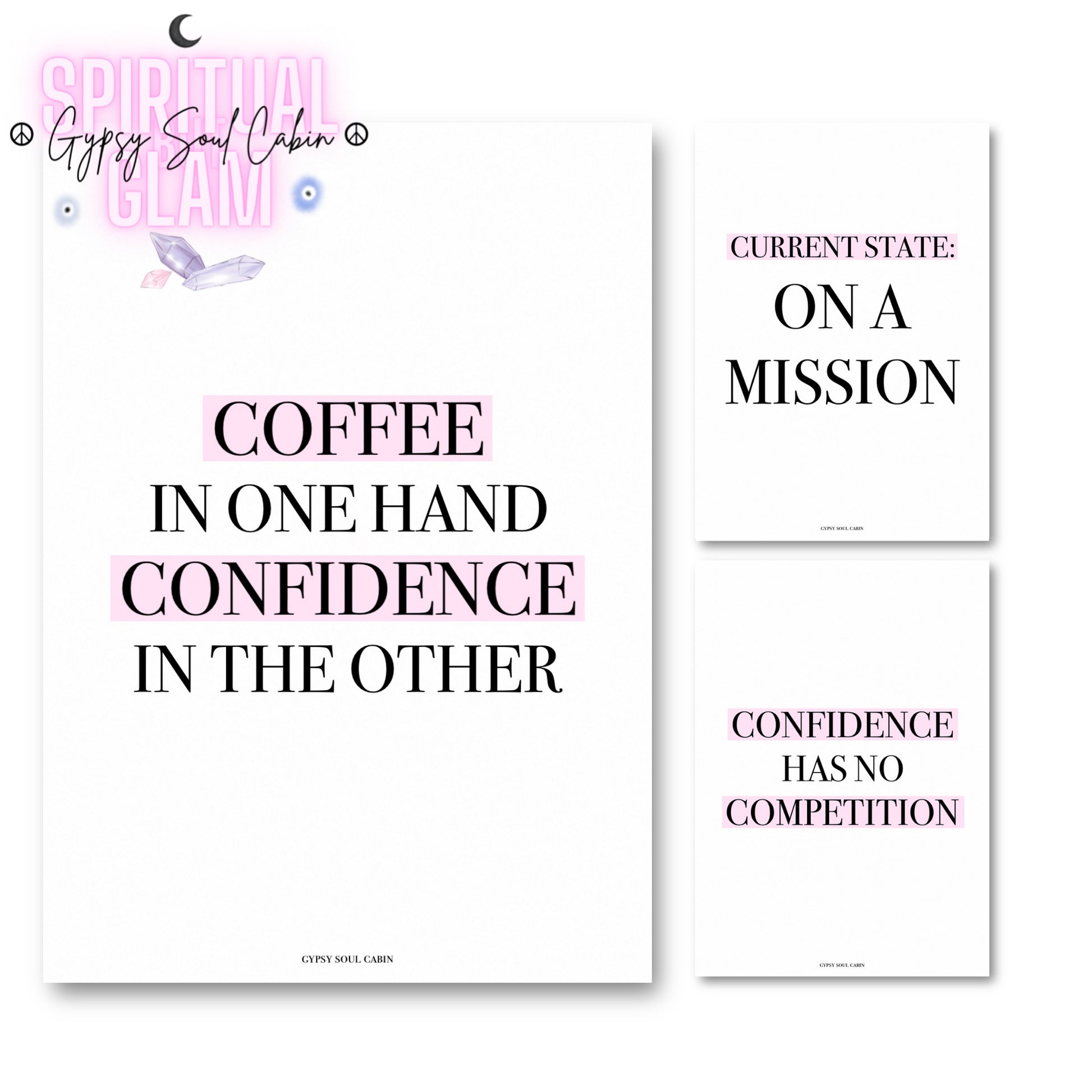 Set of three minimalist black-and-pink A4 typography wall art prints featuring empowering hustle quotes and confidence affirmations for women.