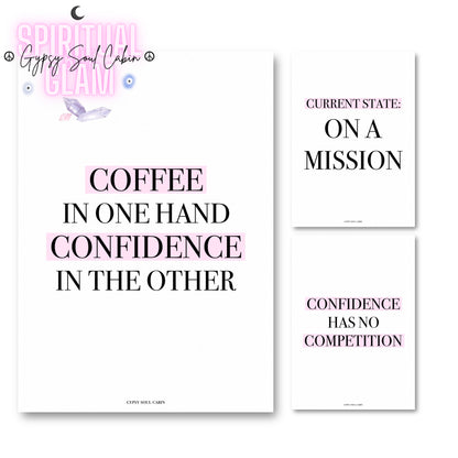 Set of three minimalist black-and-pink A4 typography wall art prints featuring empowering hustle quotes and confidence affirmations for women.