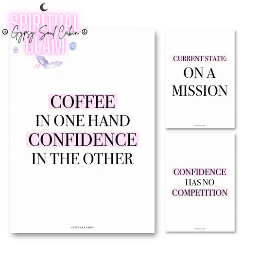 Set of three minimalist black-and-pink A4 typography wall art prints featuring empowering hustle quotes and confidence affirmations for women.