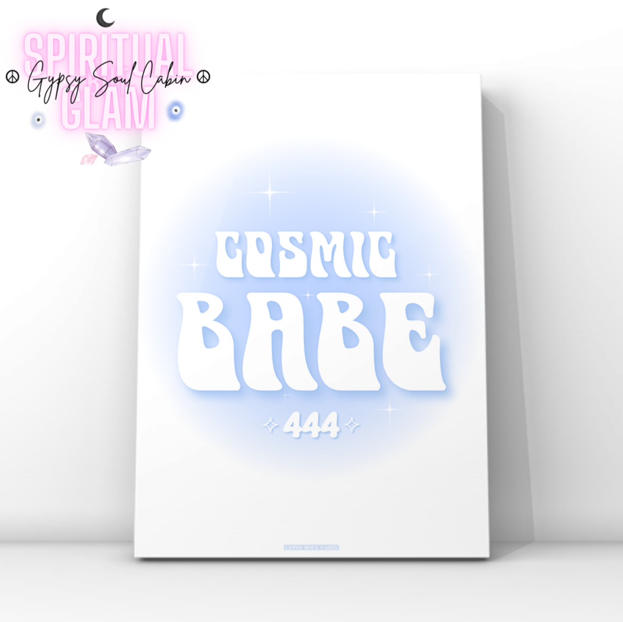 Retro wavy typography print reading Cosmic Babe with 444 angel numbers and star sparkles centred under a soft blue gradient aura halo.