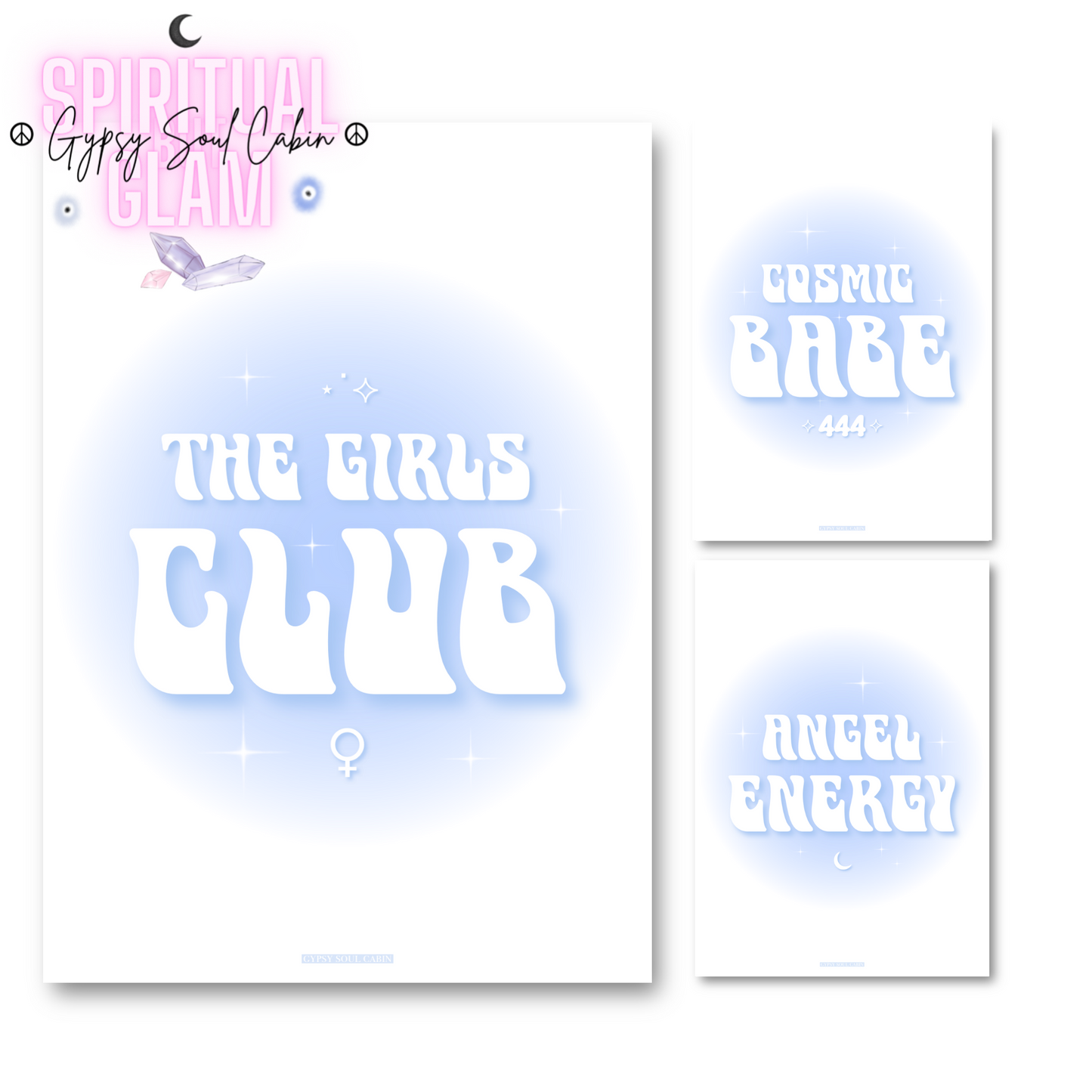 Coordinated set of three soft blue gradient aura wall art prints featuring retro typography for The Girls Club, Angel Energy, and Cosmic Babe 444.