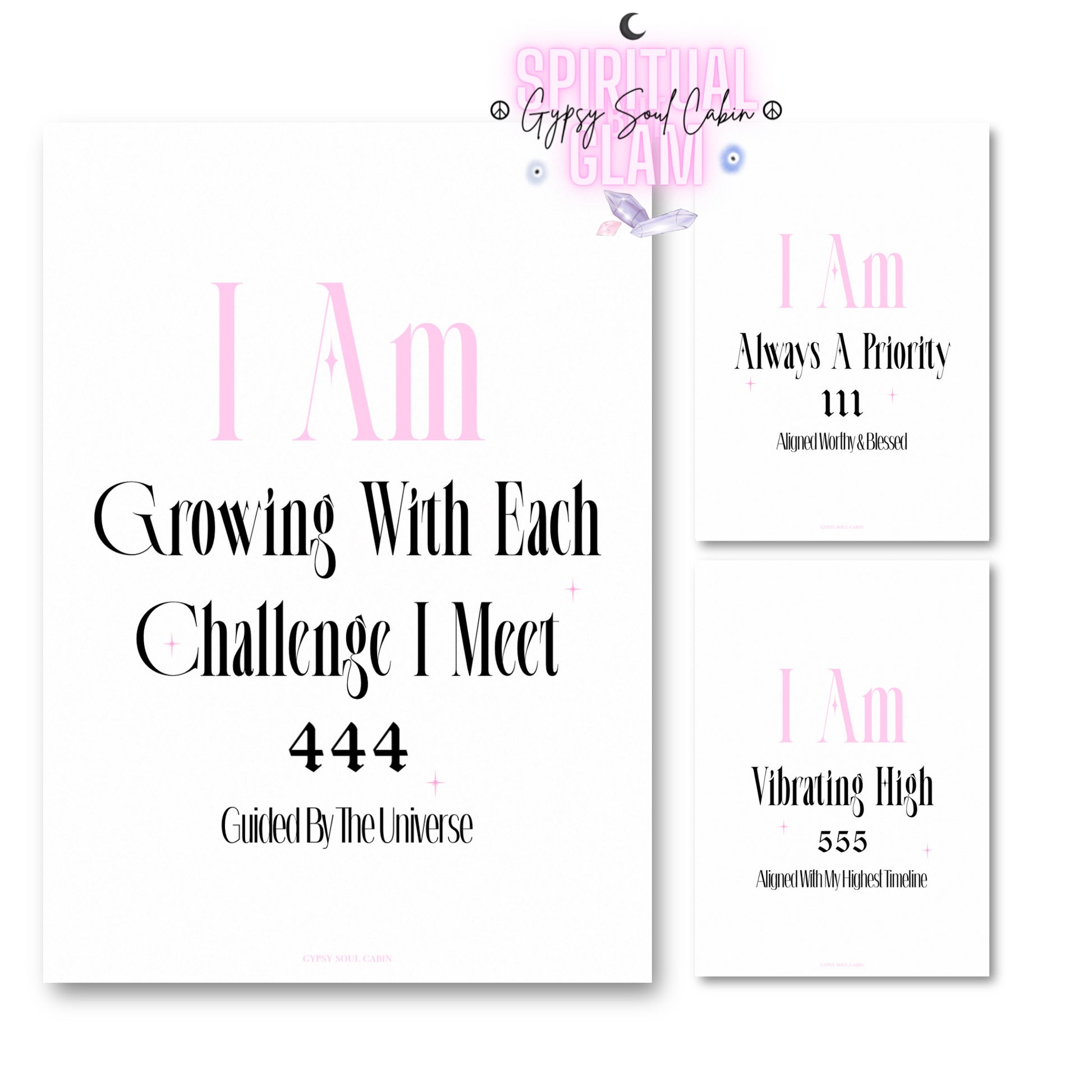 Set of three minimalist typography wall art prints featuring soft pink variant versions of I Am Always A Priority 111, I Am Vibrating High 555, and I Am Growing With Each Challenge I Meet.