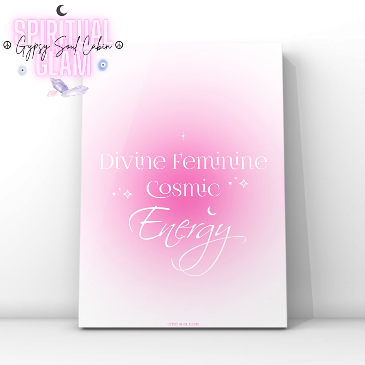 Minimalist white A4 typography poster featuring a dreamy soft pink gradient aura background with the white quote text Divine Feminine Cosmic Energy centred between celestial stars and a crescent moon icon.