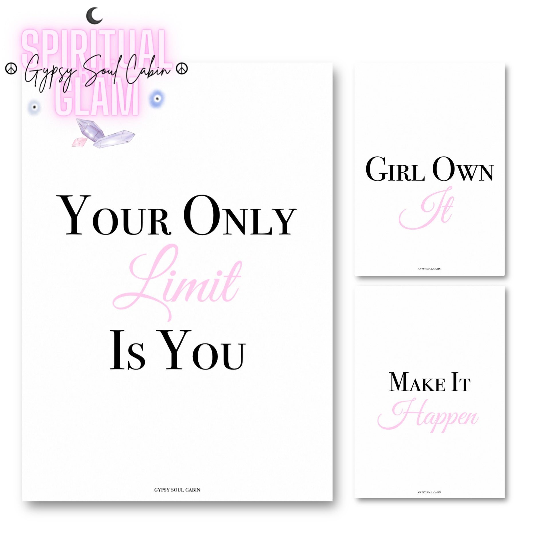 Set of three minimalist typography wall art prints featuring soft pink variant versions of Your Only Limit Is You, Girl Own It, and Make It Happen.