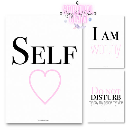 Set of three minimalist typography wall art prints featuring soft pink variant versions of SELF with a pink heart outline, I AM worthy, and Do Not Disturb.