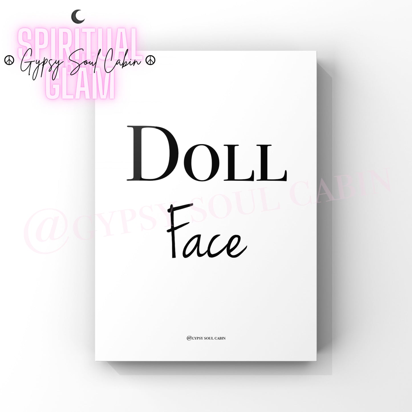 Minimalist A4 black and white typography wall art print featuring the short chic text Doll Face centered on a clean white background.
