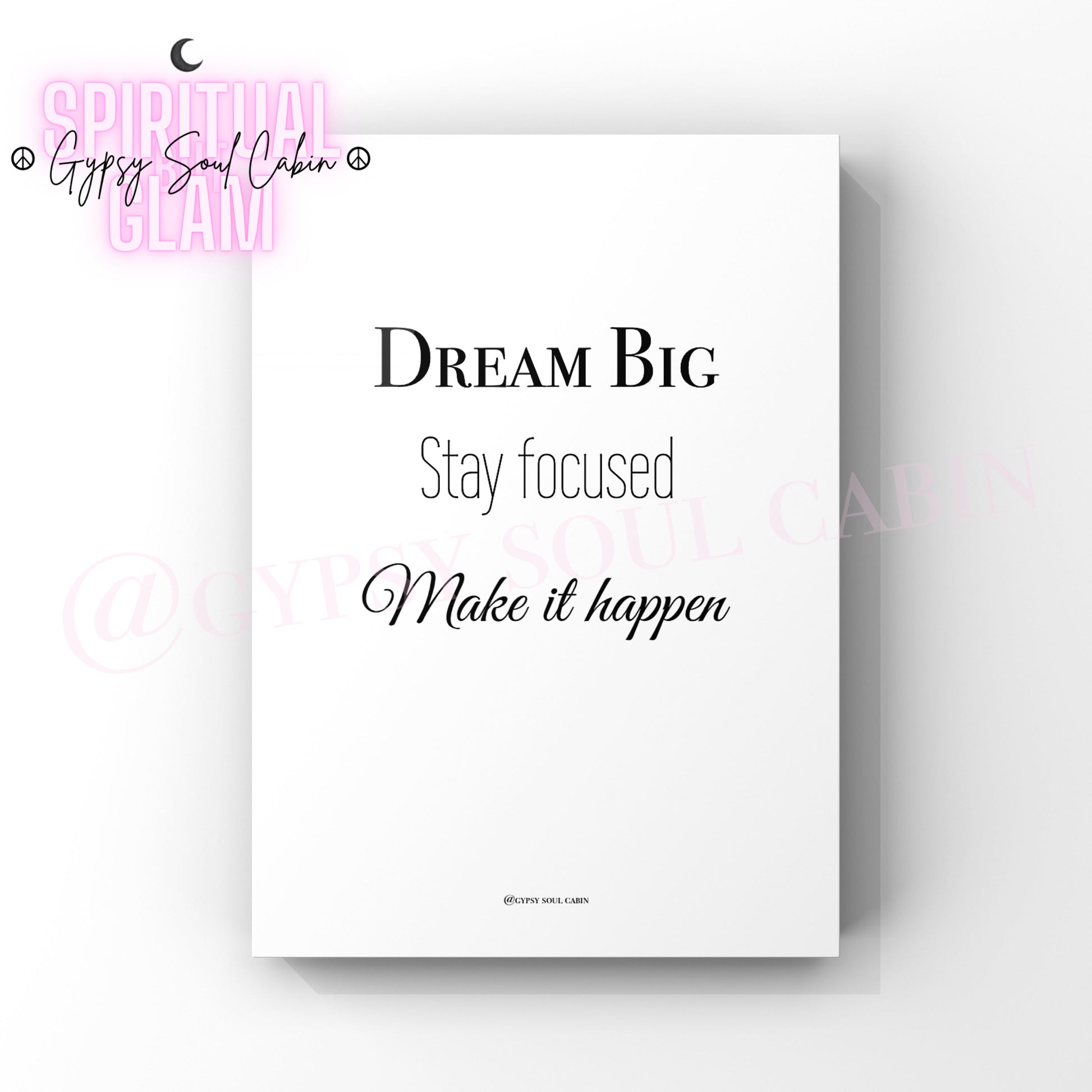 Minimalist A4 black and white typography wall art print featuring the motivational mindset phrase Dream Big Stay focused Make it happen.