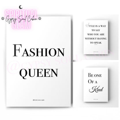 Set of three minimalist black and white A4 fashion typography wall art prints featuring style quotes for a modern dressing room.