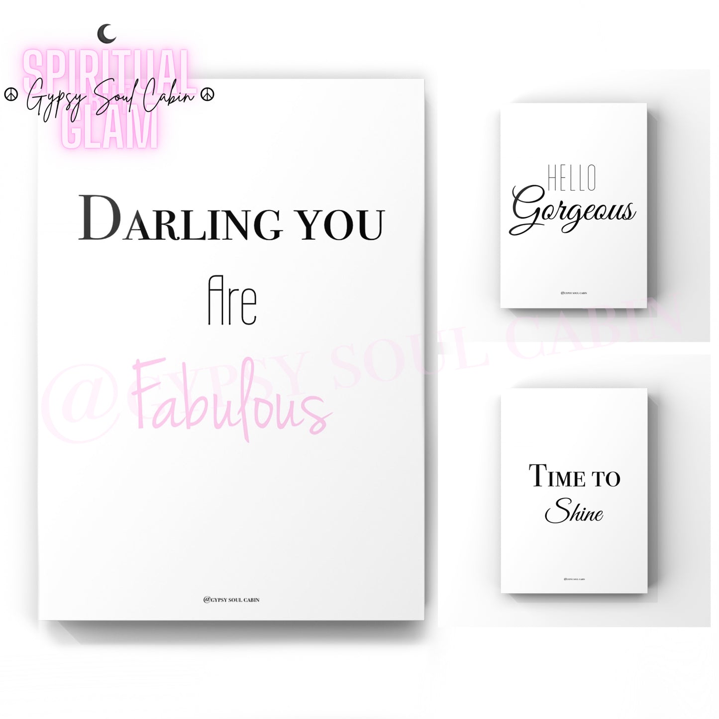 Set of three minimalist black and white A4 typography wall art prints featuring encouraging morning beauty quotes and affirmations.