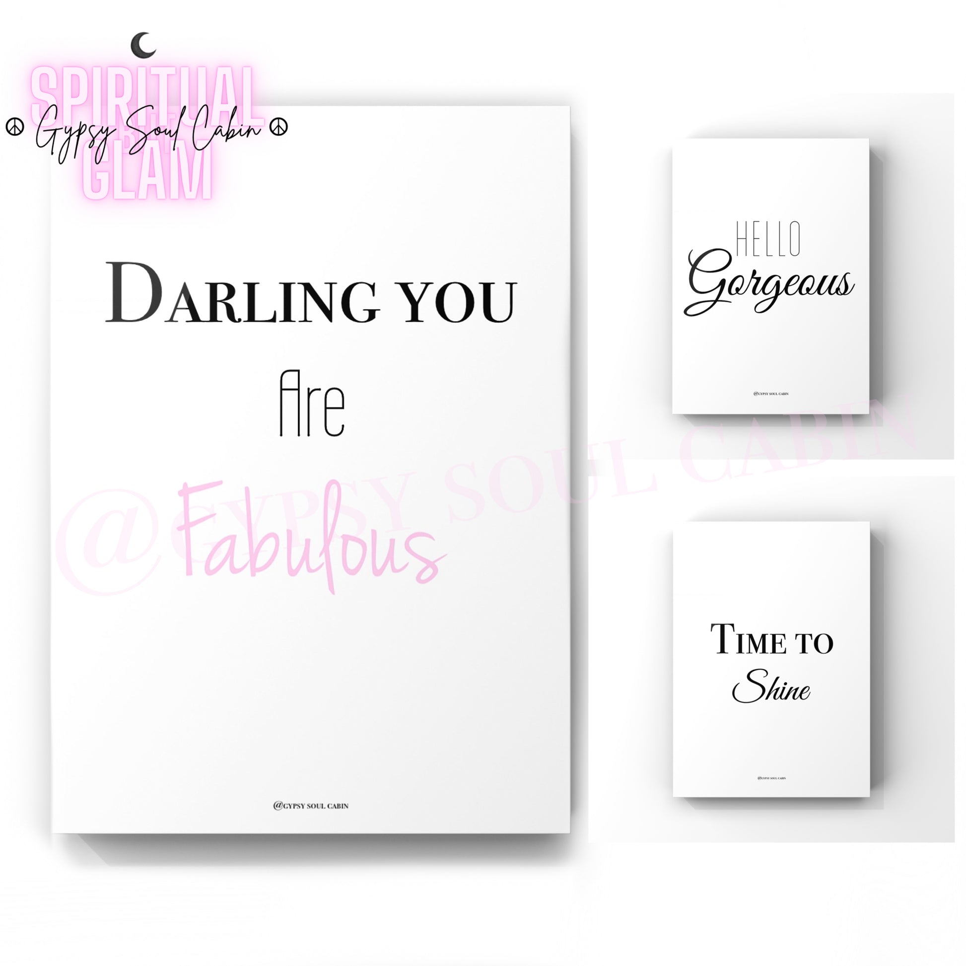 Set of three minimalist black and white A4 typography wall art prints featuring encouraging morning beauty quotes and affirmations.