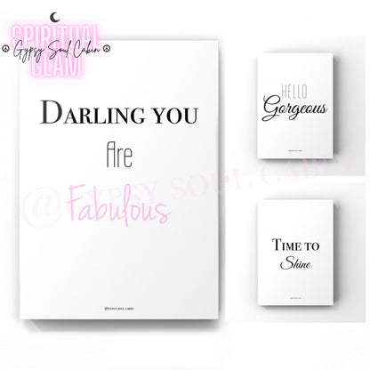 Set of three minimalist black and white A4 typography wall art prints featuring encouraging morning beauty quotes and affirmations.