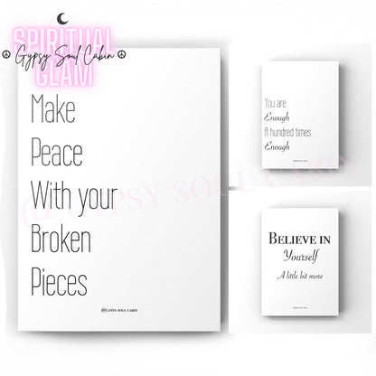 Set of three minimalist black and white A4 typography prints featuring spiritual self-care quotes for mental wellness and healing.