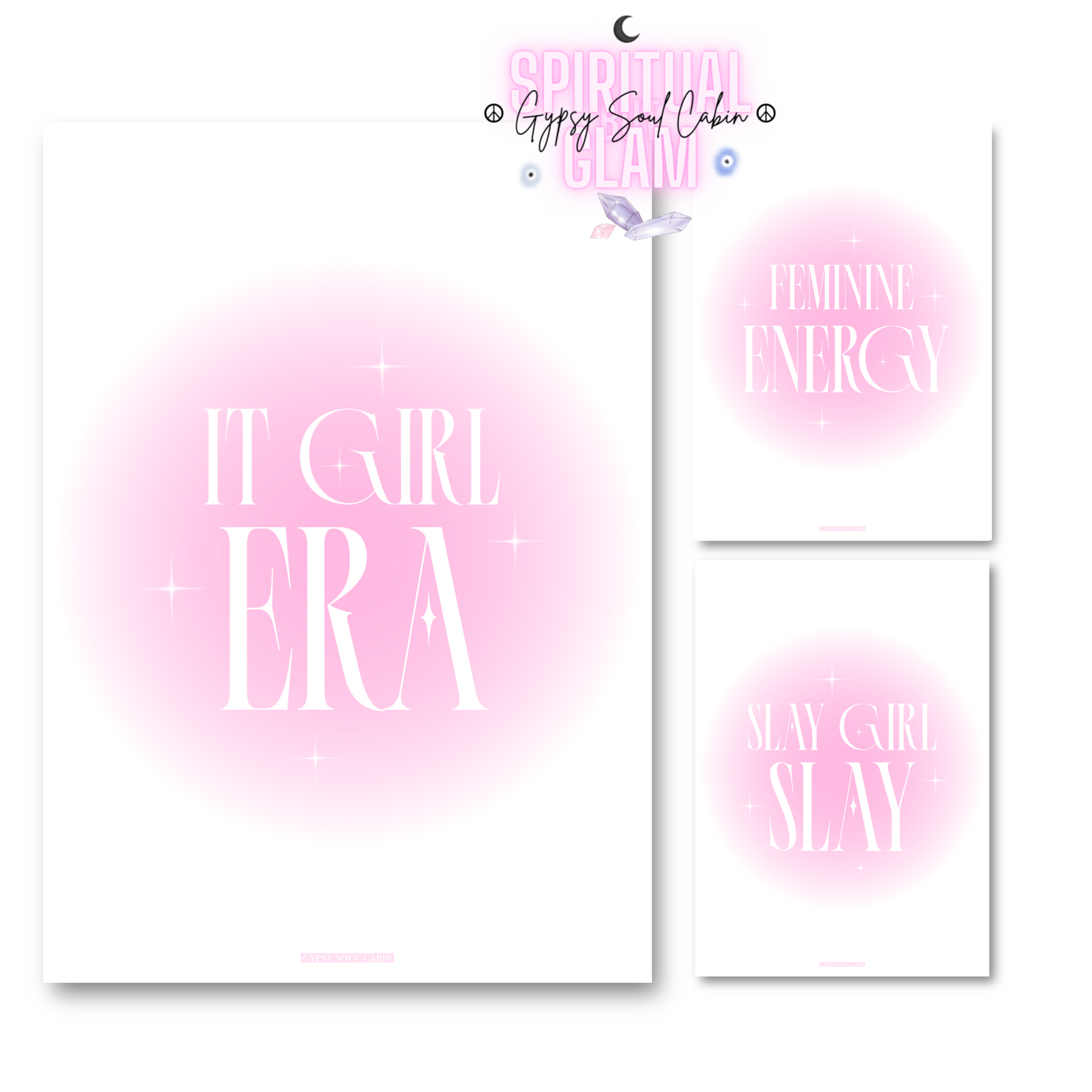 Coordinated pink gradient aura wall art prints featuring bold typography text for It Girl Era, Feminine Energy, and Slay Girl Slay.