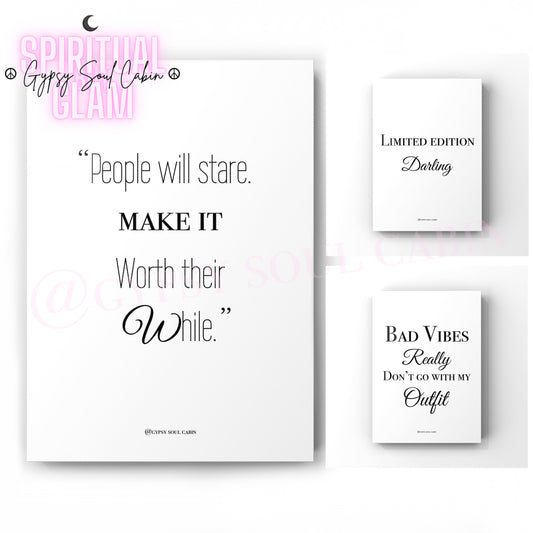 Set of three minimalist black and white A4 fashion typography wall art prints featuring sassy quotes about outfits and confidence.