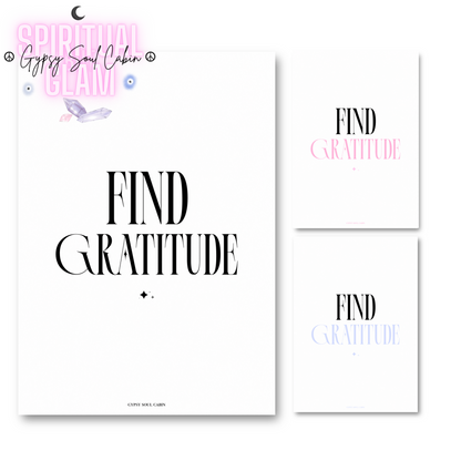 Main product preview for Gypsy Soul Cabin showing the classic black text version of the Find Gratitude typography print alongside pastel pink and lilac variants.