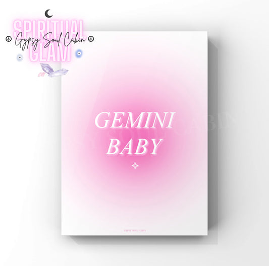 Gypsy Soul Cabin Gemini Baby pink gradient aura art print with aesthetic spiritual typography and a vibrant pink energy design.