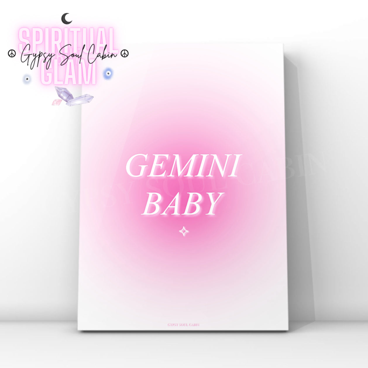 Gypsy Soul Cabin Gemini Baby pink gradient aura art print with aesthetic spiritual typography and a vibrant pink energy design.