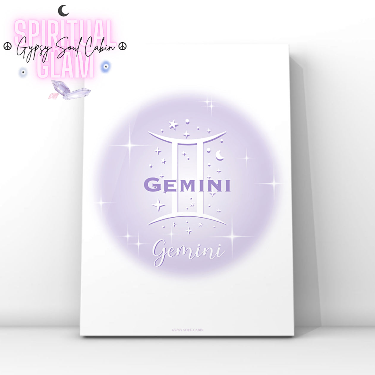 Minimalist aesthetic lavender aura print featuring the Gemini zodiac glyph centred with celestial stars and Y2K sparkles.