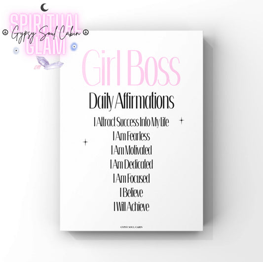 Minimalist A4 typographic wall art print featuring bold pink serif lettering reading Girl Boss paired with a clean black list of positive mental manifestation affirmations.