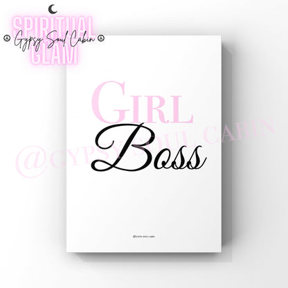 Gypsy Soul Cabin minimalist fashion typography print featuring the words' Girl Boss' in crisp black cursive and a light pink font.