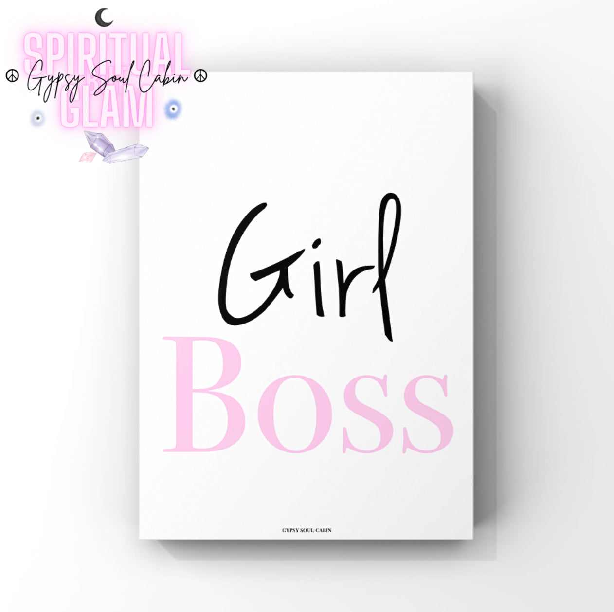 Minimalist A4 typographic wall art print featuring black script writing reading Girl paired with centred, bold soft pink serif text reading Boss.
