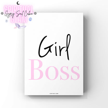 Minimalist A4 typographic wall art print featuring black script writing reading Girl paired with centred, bold soft pink serif text reading Boss.