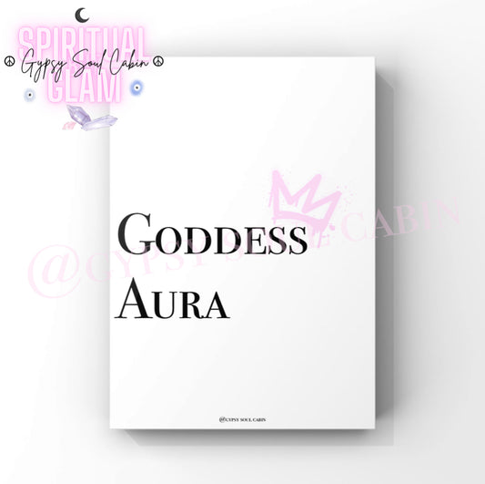 Feminine energy wall art print, featuring a clean white background, a faint pink crown graphic, and the words "Goddess Aura" in bold black lettering.