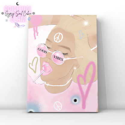 Minimalist A4 fashion illustration art print featuring a blonde lollipop baddie woman in pink, wearing sunglasses that read Good Vibes, decorated with pink hearts, peace symbols, and spray-painted evil eyes.