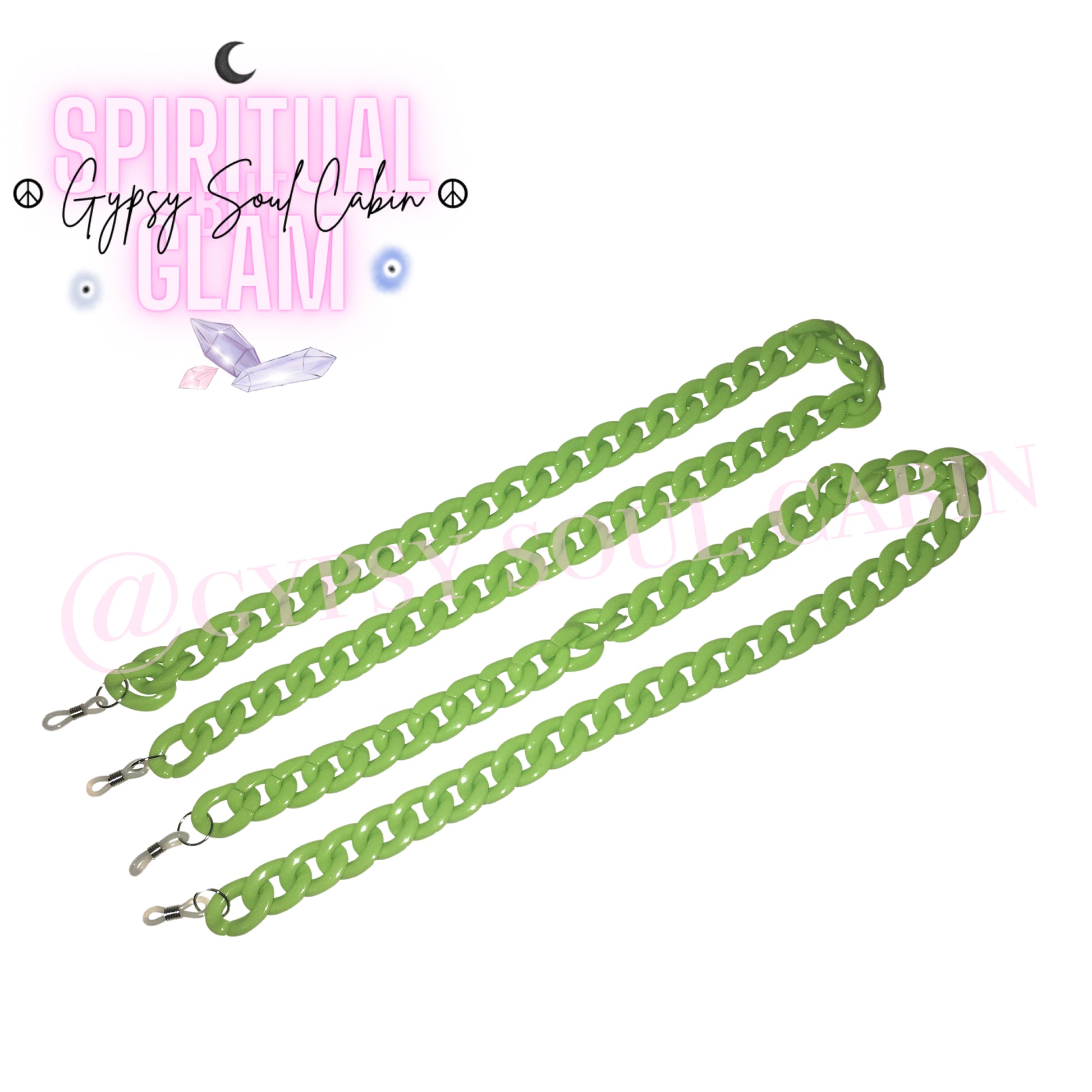 Two lime-green chunky acrylic link chain straps with rubber loop connectors to fit onto sunglasses or glasses, against a white background.
