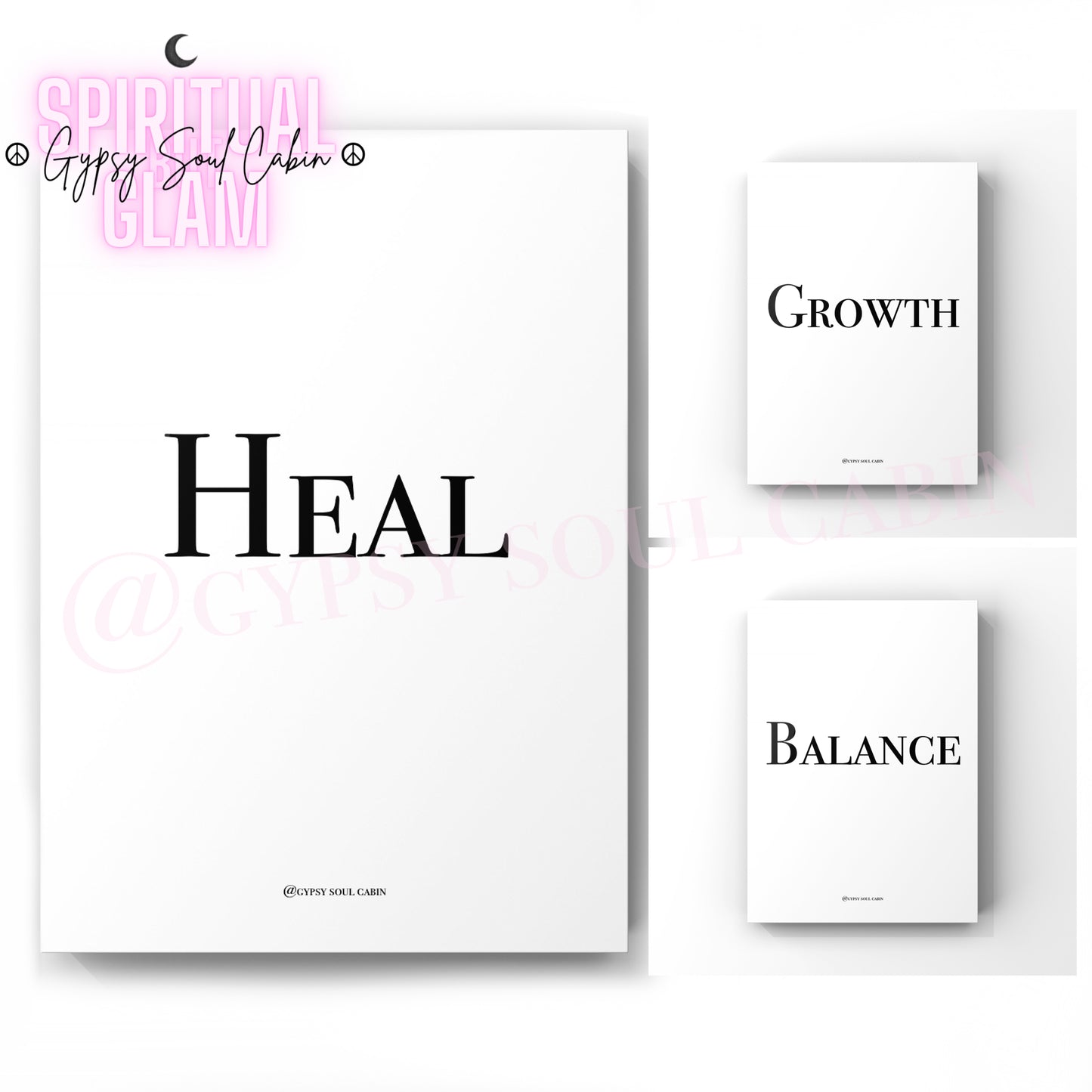Set of three minimalist black and white A4 typography prints featuring the single word quotes Heal, Growth, and Balance.