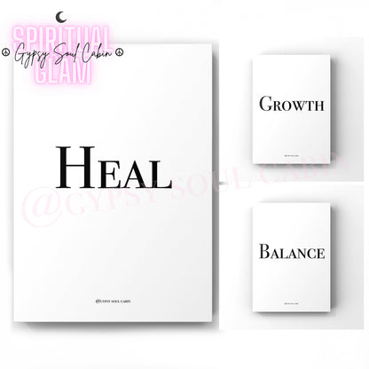 Set of three minimalist black and white A4 typography prints featuring the single word quotes Heal, Growth, and Balance.
