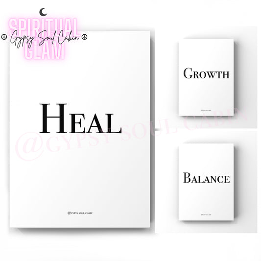 Set of three minimalist black and white A4 typography prints featuring the single word quotes Heal, Growth, and Balance.