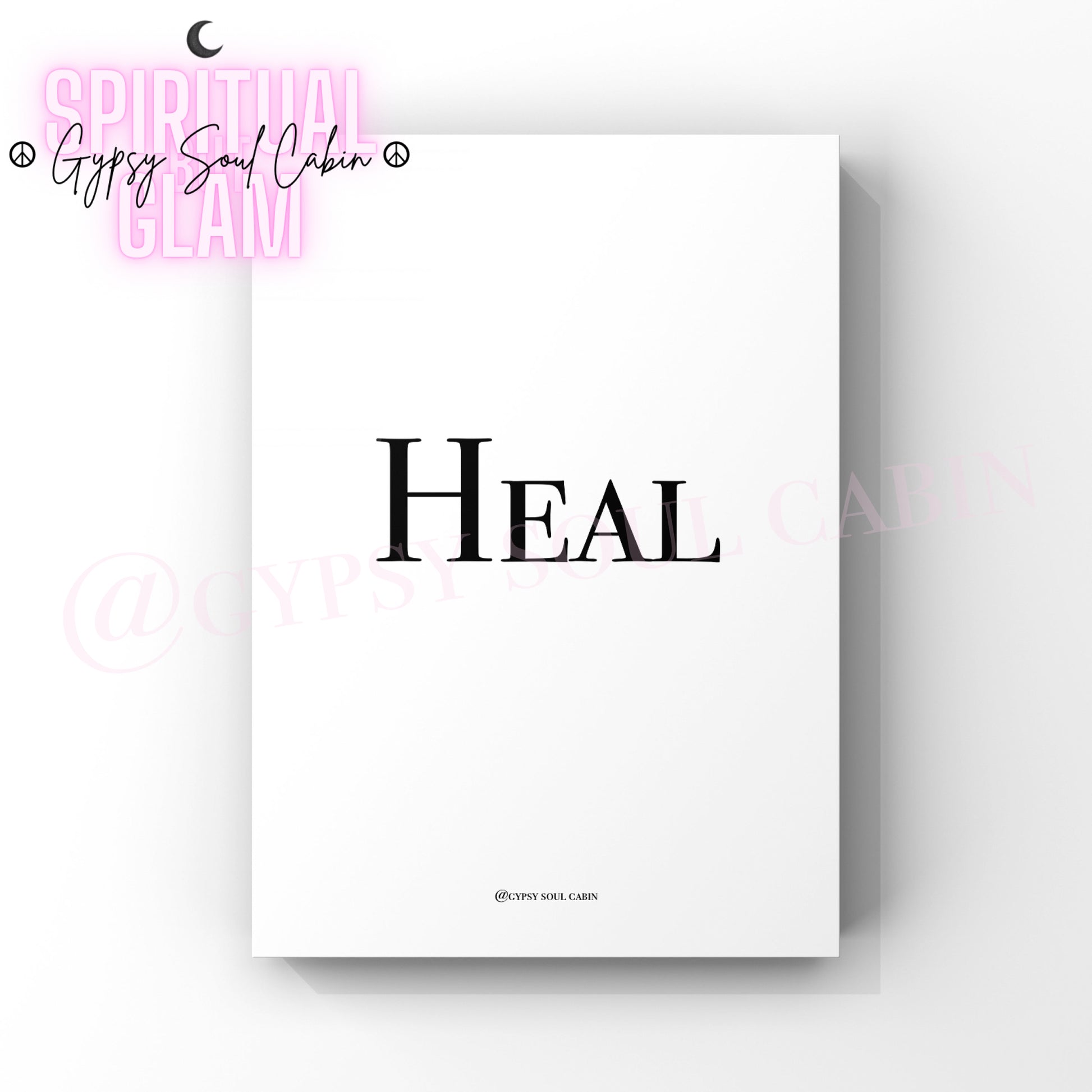 Minimalist A4 black and white typography wall art print featuring the single word HEAL centered on a clean white background.